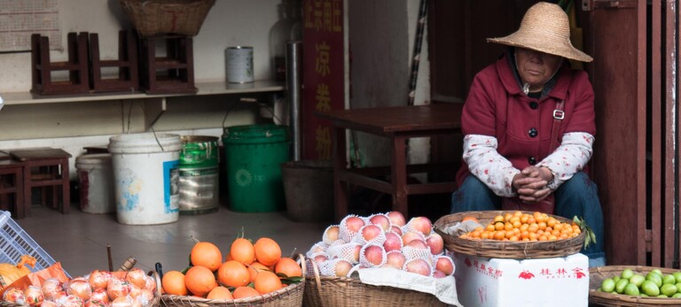 Foto: Chinesische Obstverkäuferin mit ihrer Ware