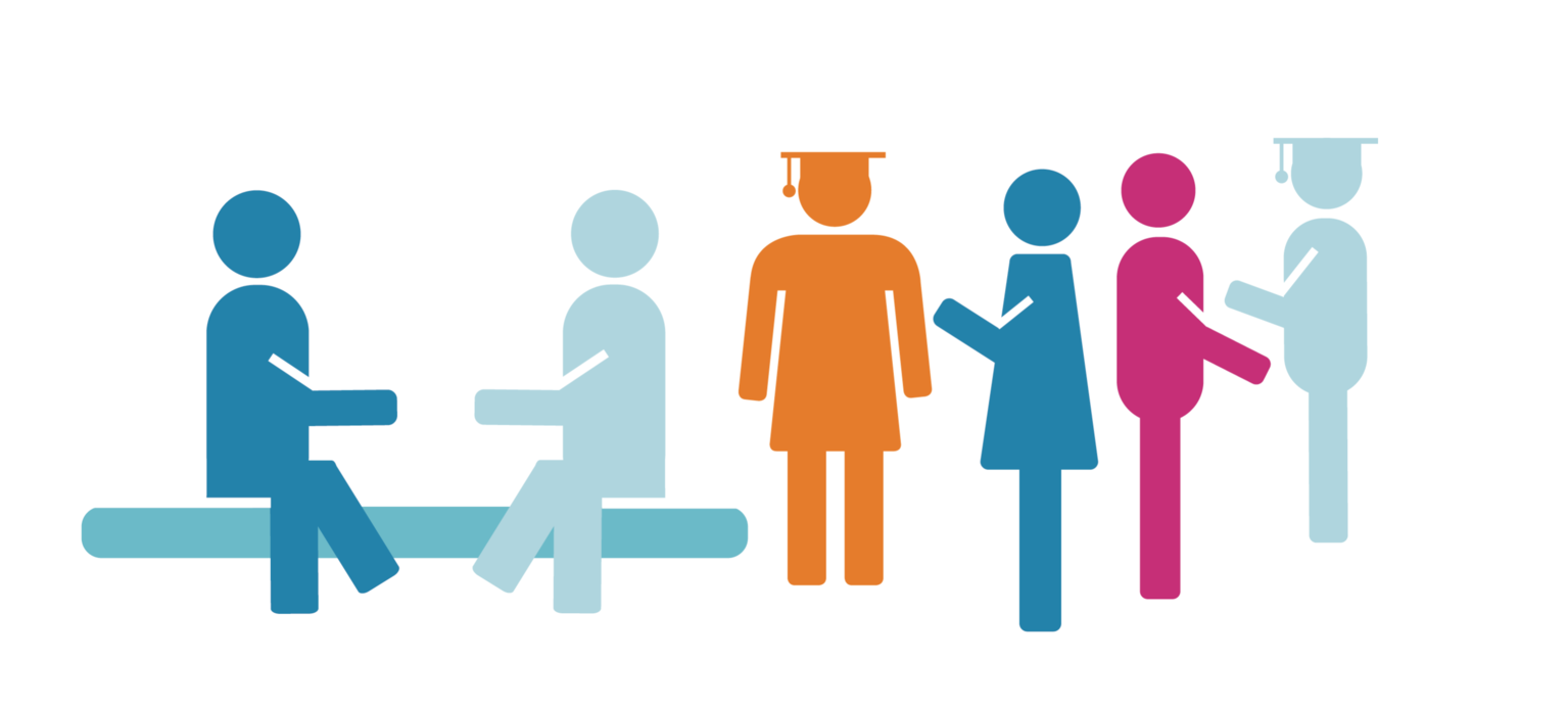 Piktogramm: Mehrere Personen, die sich unterhalten, teilweise mit Doktorhut